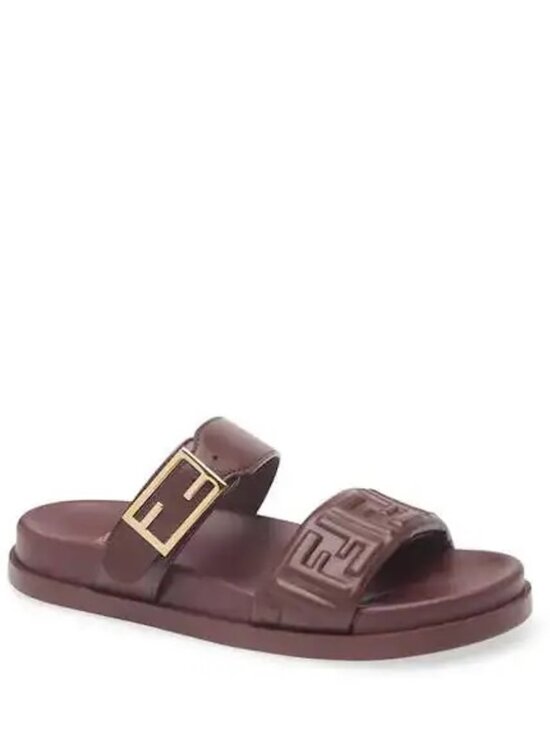 Fendi Shoes - FENDI Feel FF Logo Double Band Flat Leather Slide Dad Sandals Shoes Plum